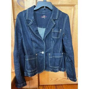 Premium Womens Navy Cotton Pockets Long Sleeve Button Front Denim Jacket Small